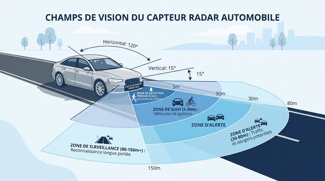 Schéma du champ de détection radar d'une voiture