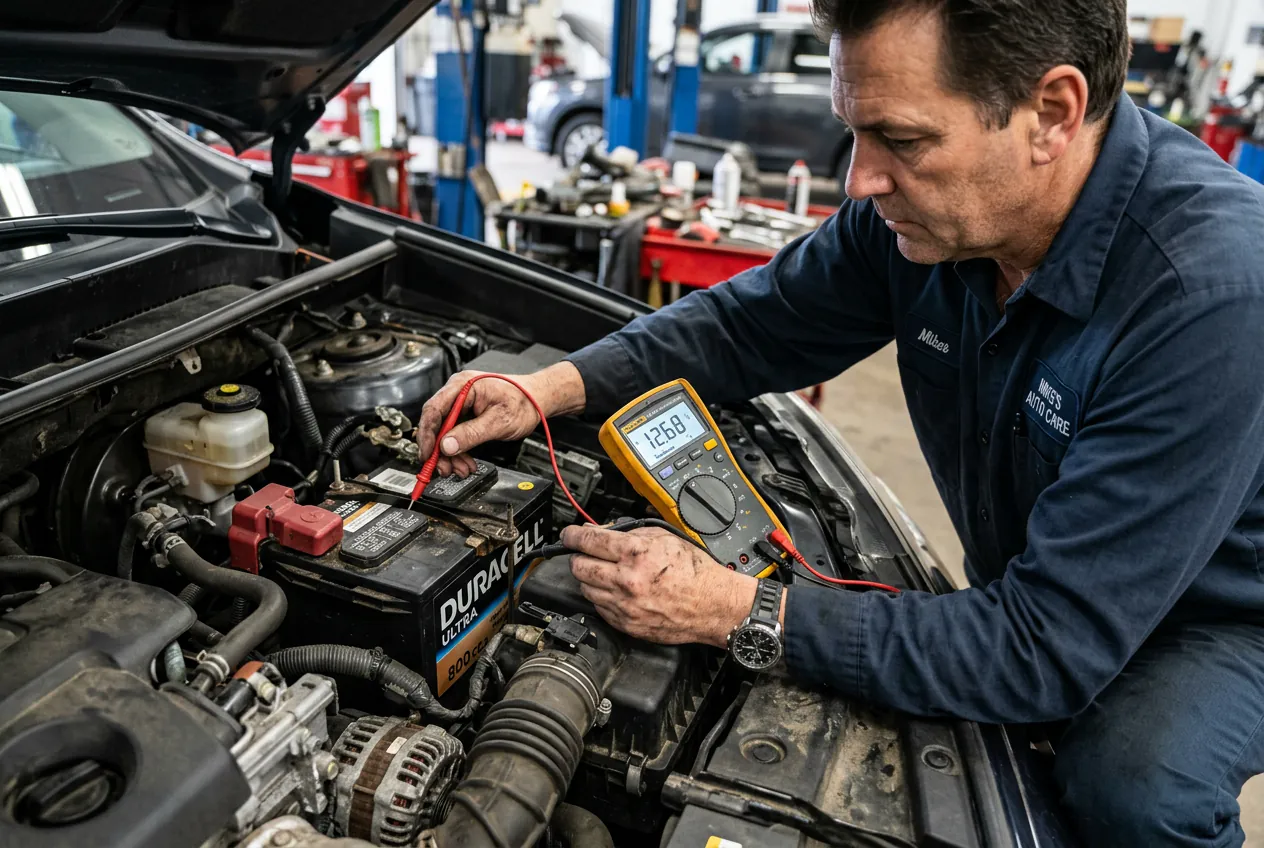 Test de la tension de la batterie d'une voiture avec un multimètre pour diagnostiquer une panne de frein électrique.