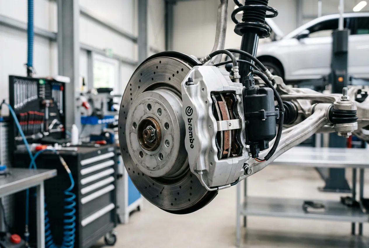Vue technique de l'étrier de frein arrière avec moteur électrique sur une Mégane 4.