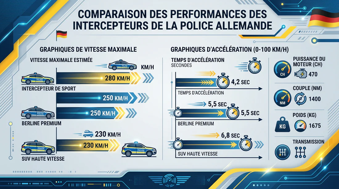 Infographie comparant les performances des différents modèles de véhicules de police allemands