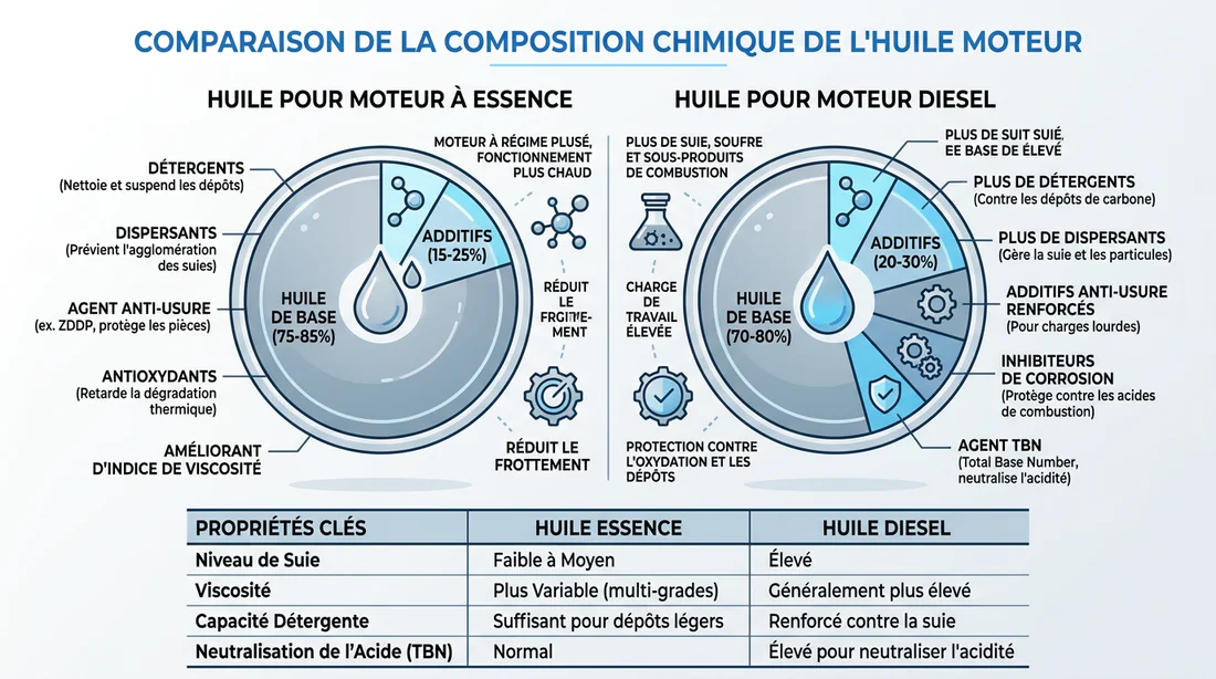 Infographie comparaison composition huile essence diesel