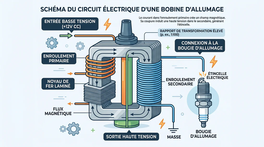 Schéma technique du fonctionnement interne et du circuit d'une bobine d'allumage