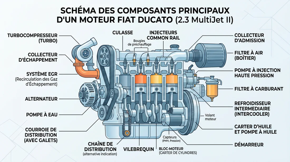 Schéma technique des composants moteur Fiat Ducato