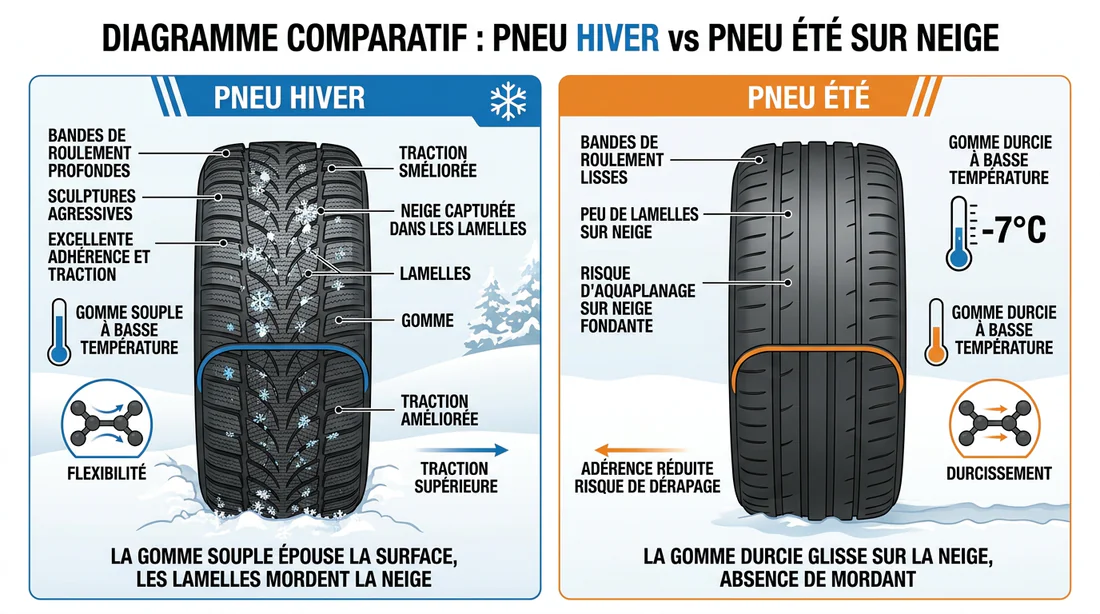 Schéma technique comparatif entre pneu hiver et pneu été