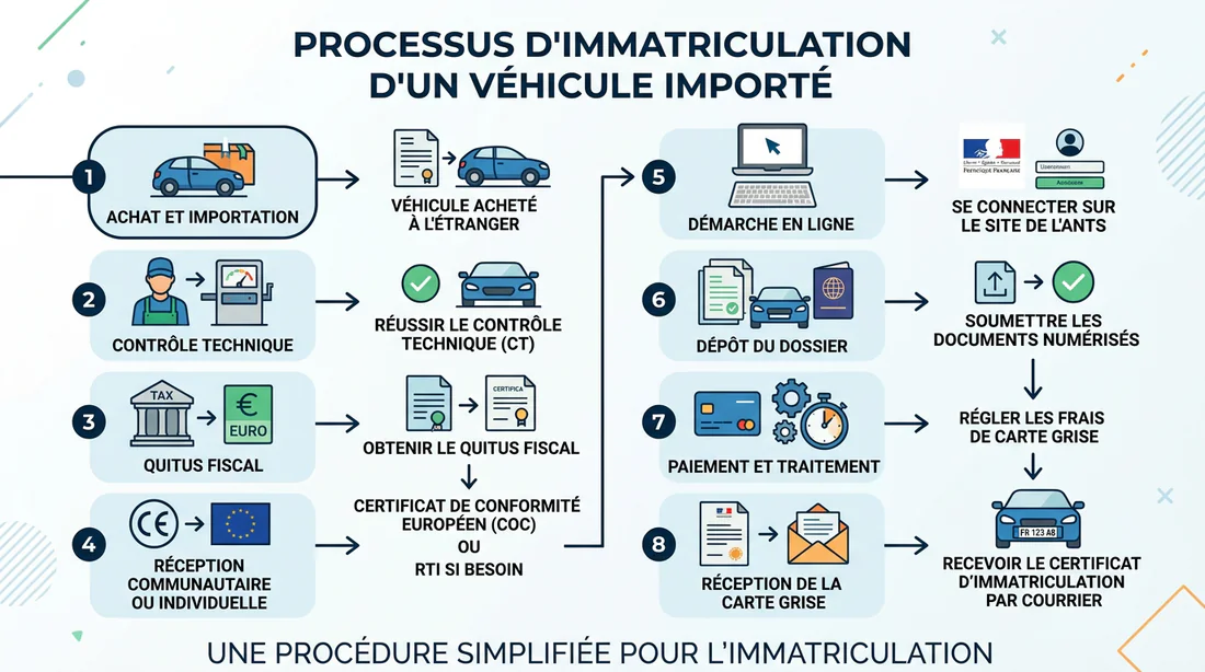 Schéma des étapes pour l'immatriculation d'un véhicule importé