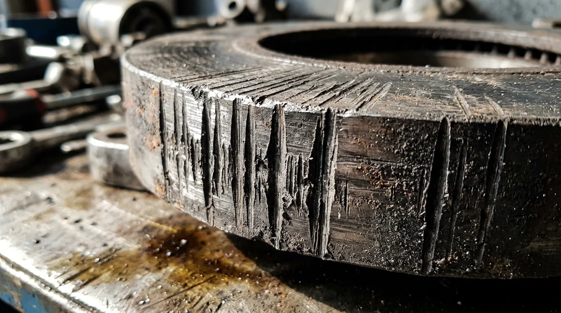 Détail de rayures profondes sur la surface d'un disque de frein usé