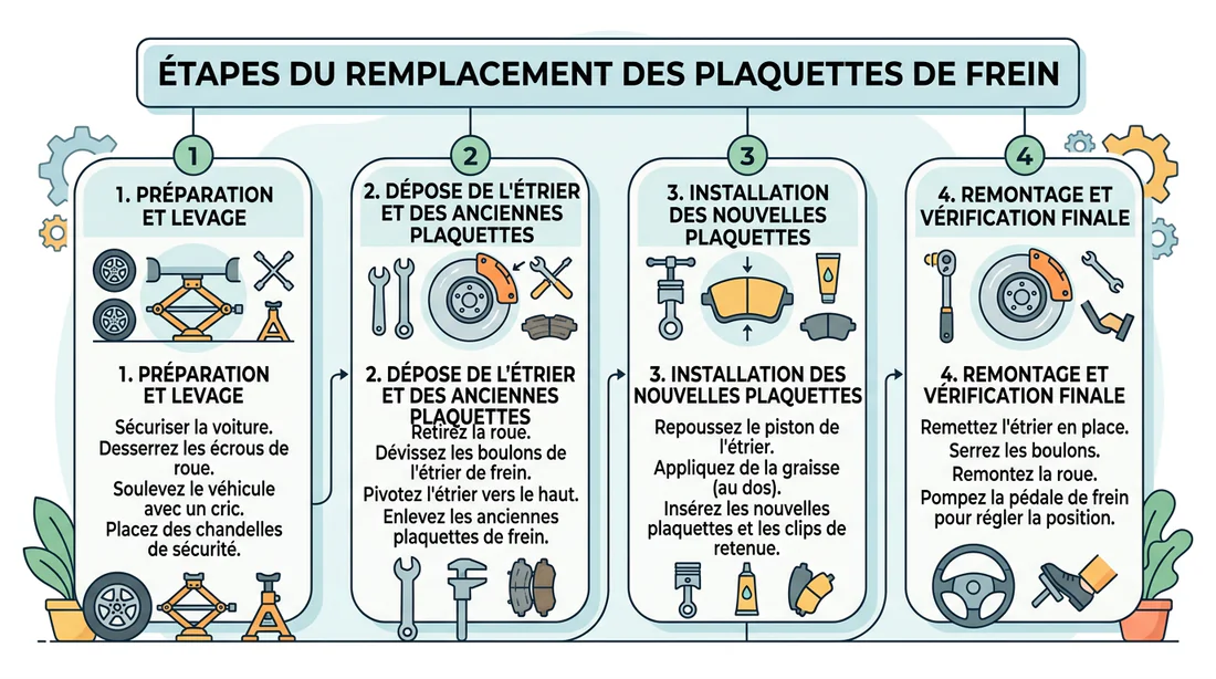Infographie des étapes de remplacement des plaquettes et disques de frein