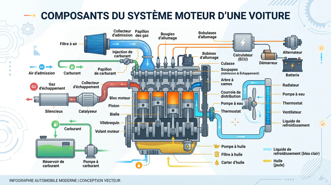 Infographie des principaux composants d'un moteur automobile