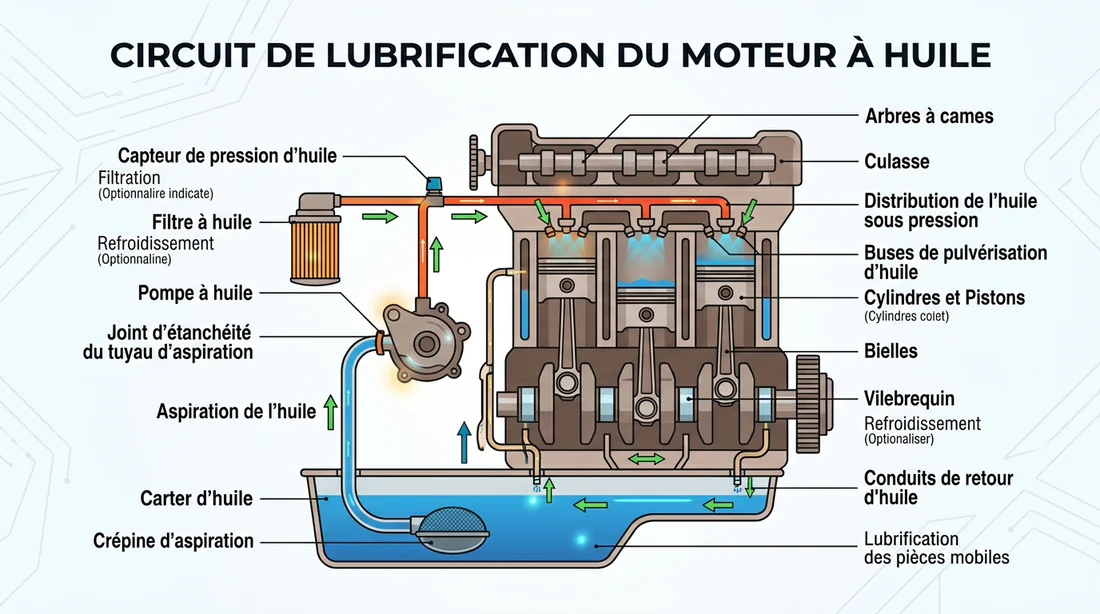 Schéma technique du circuit de lubrification moteur et emplacement du joint de crépine