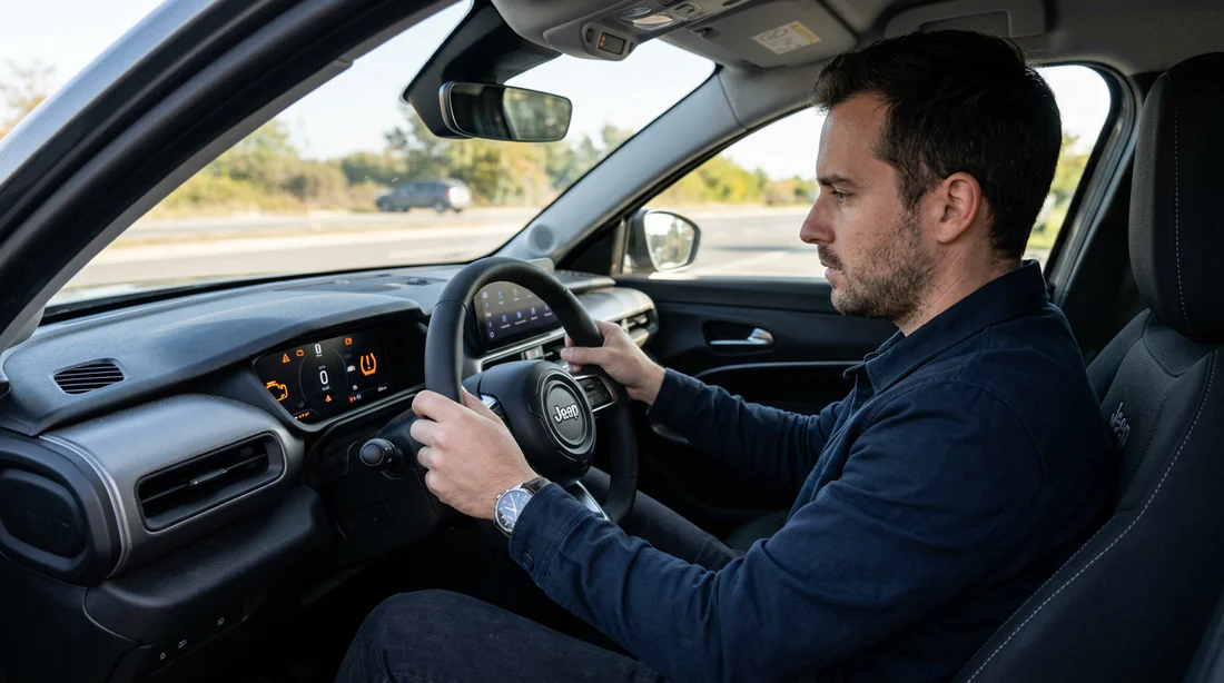 Conducteur observant les voyants d'alerte du tableau de bord d'une Jeep Avenger