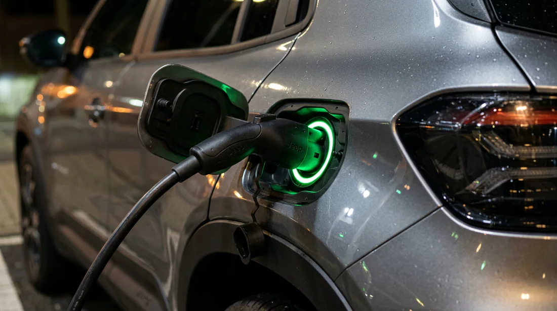 Câble de recharge connecté à la prise d'une Jeep Avenger grise