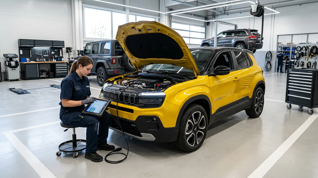 Technicien réalisant le diagnostic et l'entretien d'une Jeep Avenger électrique en atelier