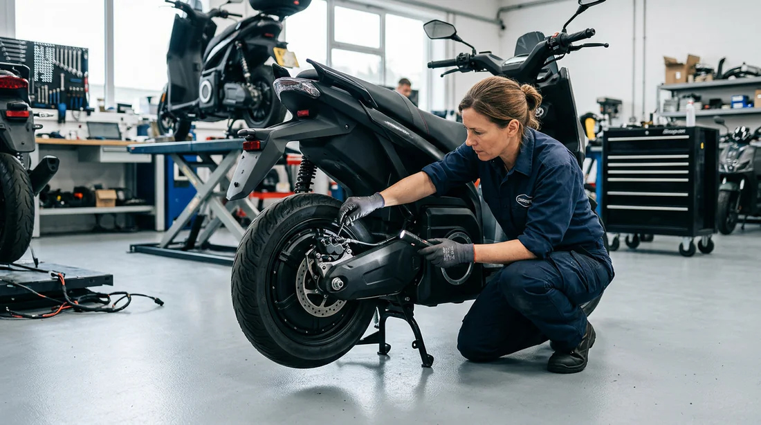 Technicien travaillant sur la réparation d'un scooter électrique Silence S01
