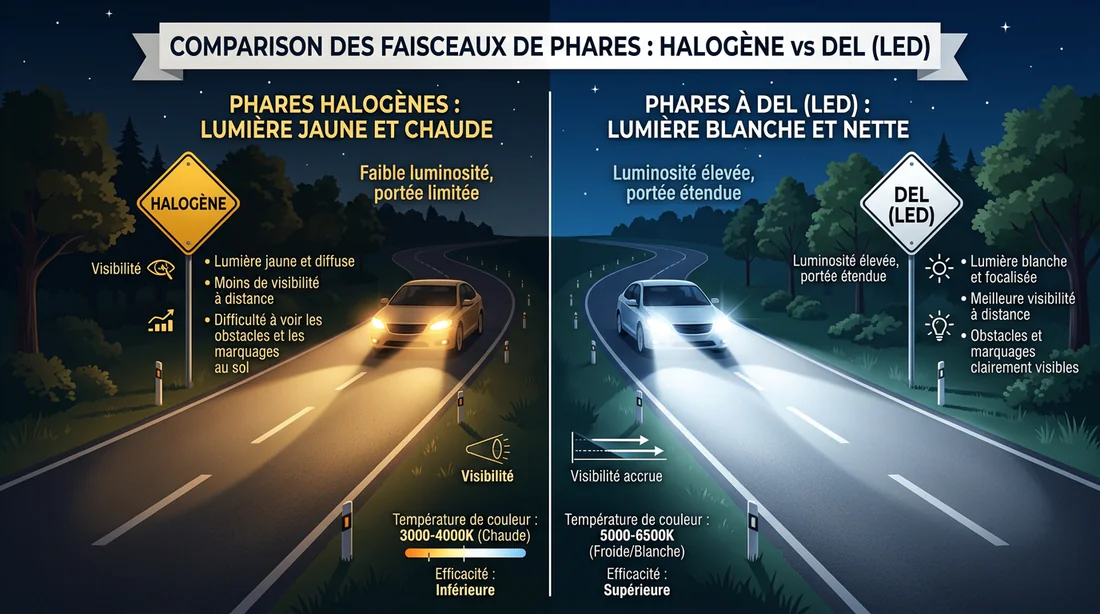 Comparaison visuelle entre éclairage halogène et phare LED pour Jeep Wrangler
