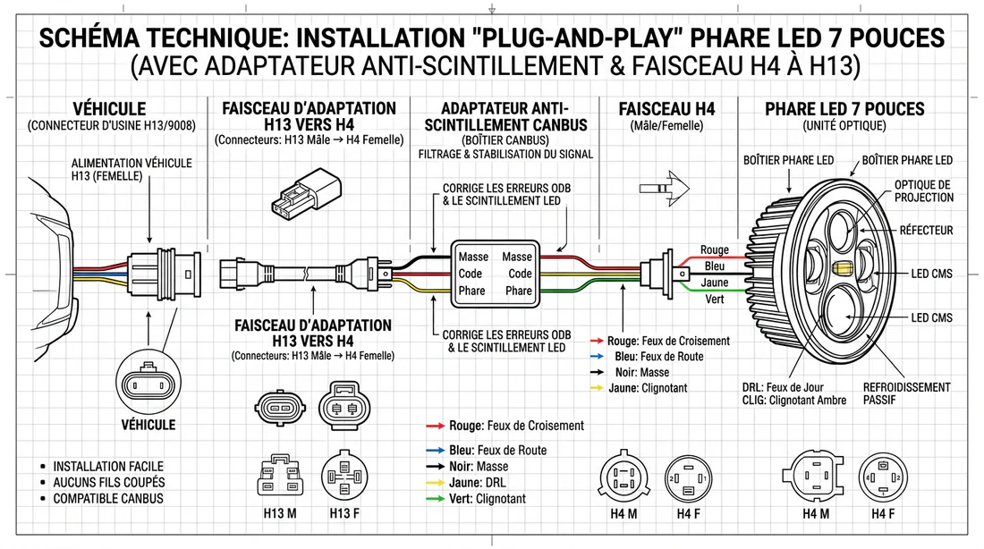 Schéma de câblage et branchement de l'adaptateur anti-erreur CANBUS pour phare LED