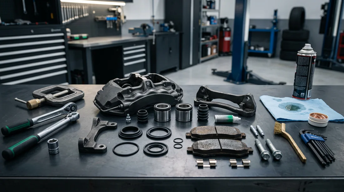 Étrier de frein automobile démonté sur un établi d'atelier