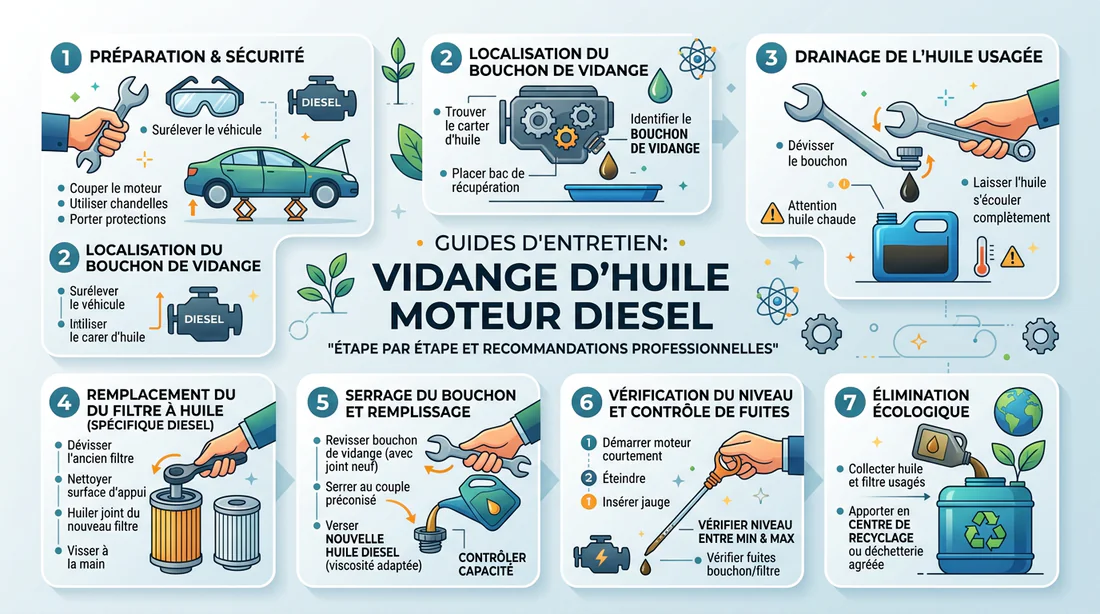 Schéma explicatif des étapes de la vidange d'un moteur diesel.