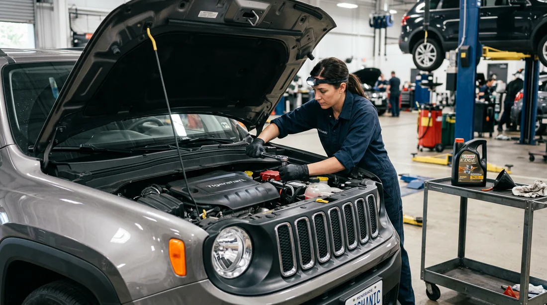 Mécanicien effectuant la vidange moteur d'une Jeep Renegade en atelier