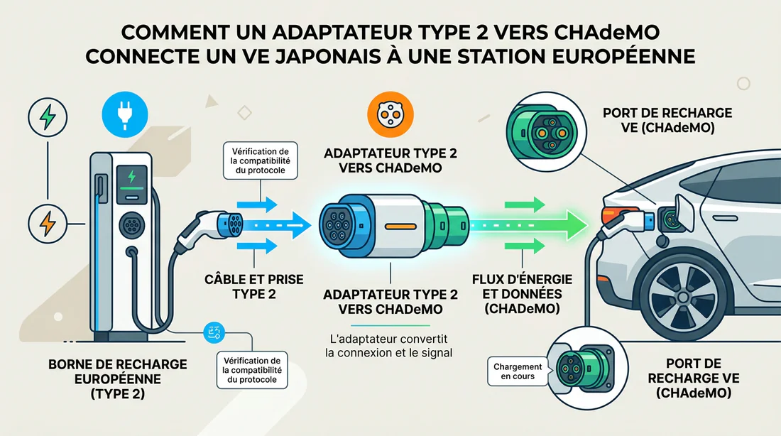 Schéma explicatif de l'utilisation d'un adaptateur de recharge Type 2