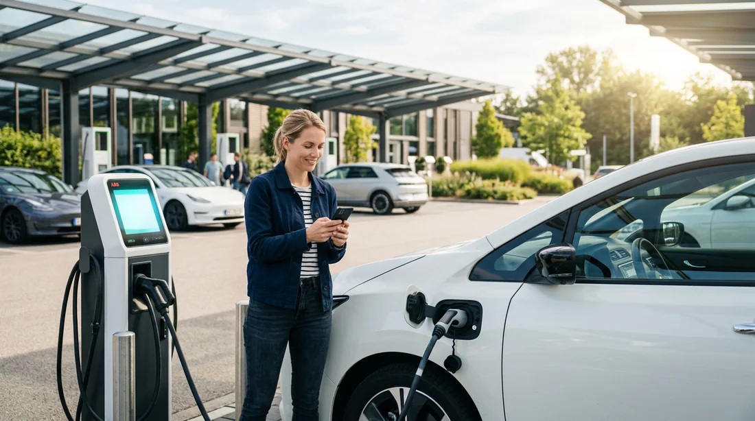 Conducteur de Nissan Leaf vérifiant la charge de son véhicule électrique sur smartphone