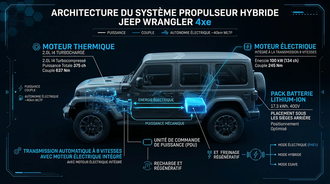 Schéma fonctionnement moteur hybride et batterie Jeep Wrangler 4xe.