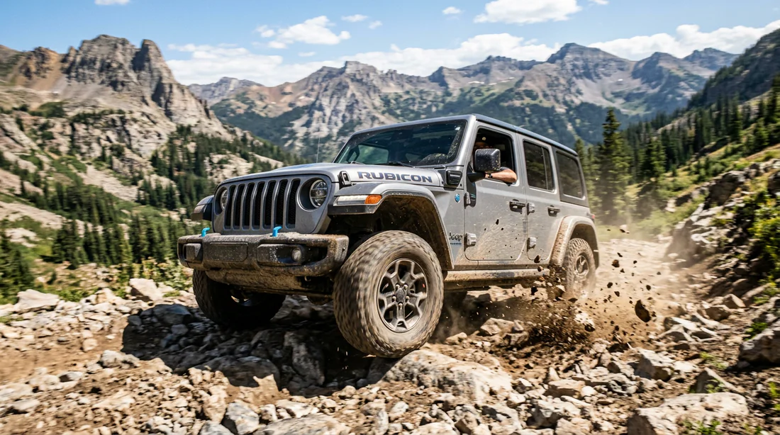 Jeep Wrangler 4xe franchissant un obstacle rocheux en parcours 4x4 tout-terrain.