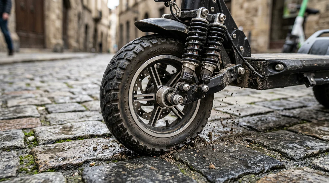 Roue pneumatique et suspensions de trottinette électrique sur pavés