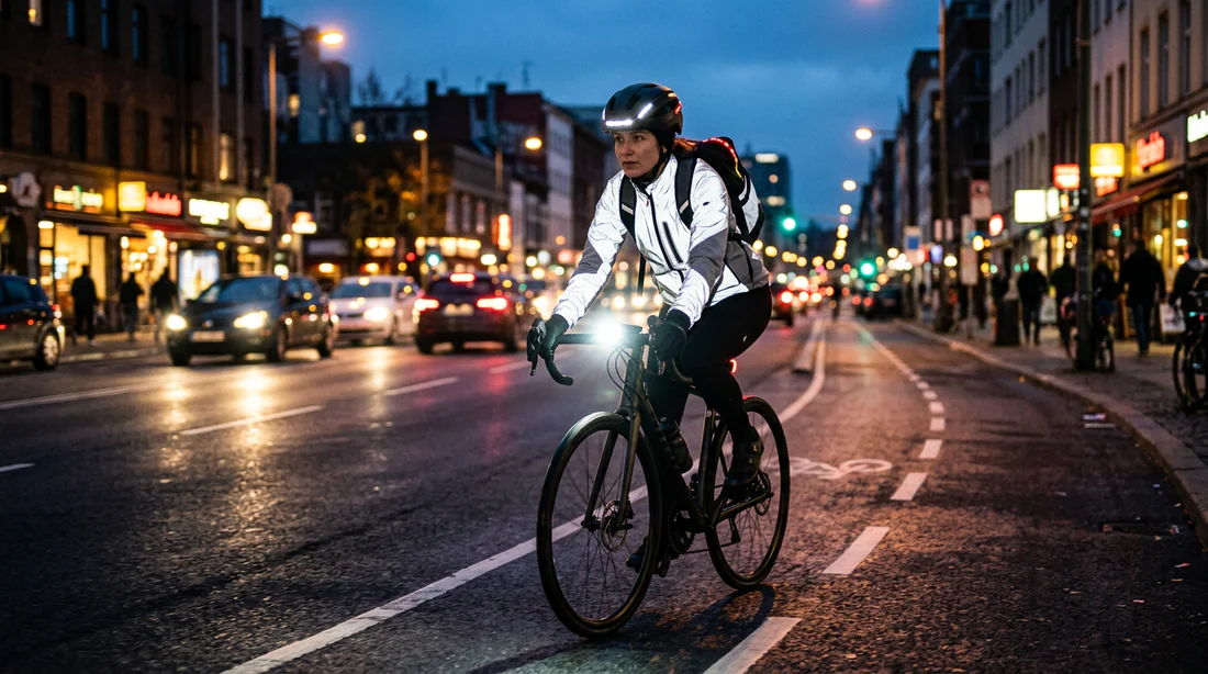 Conducteur de trottinette électrique portant un casque et des équipements de sécurité lumineusement visibles
