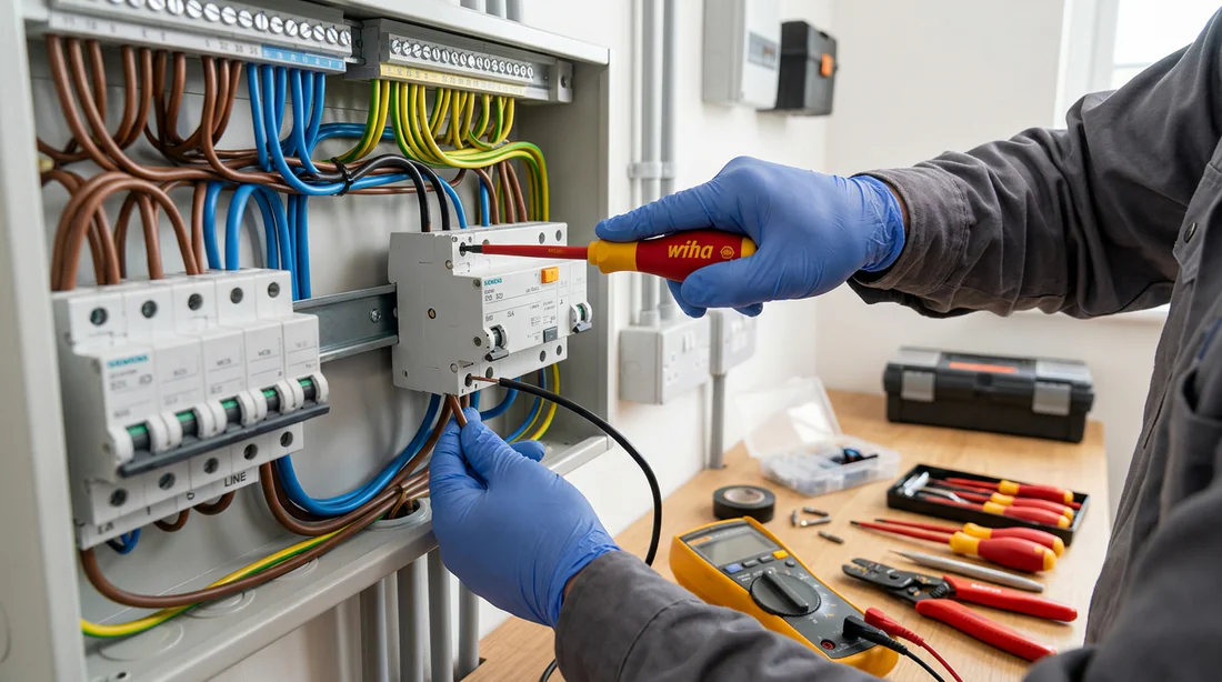Raccordement électrique du disjoncteur différentiel dans le tableau électrique.