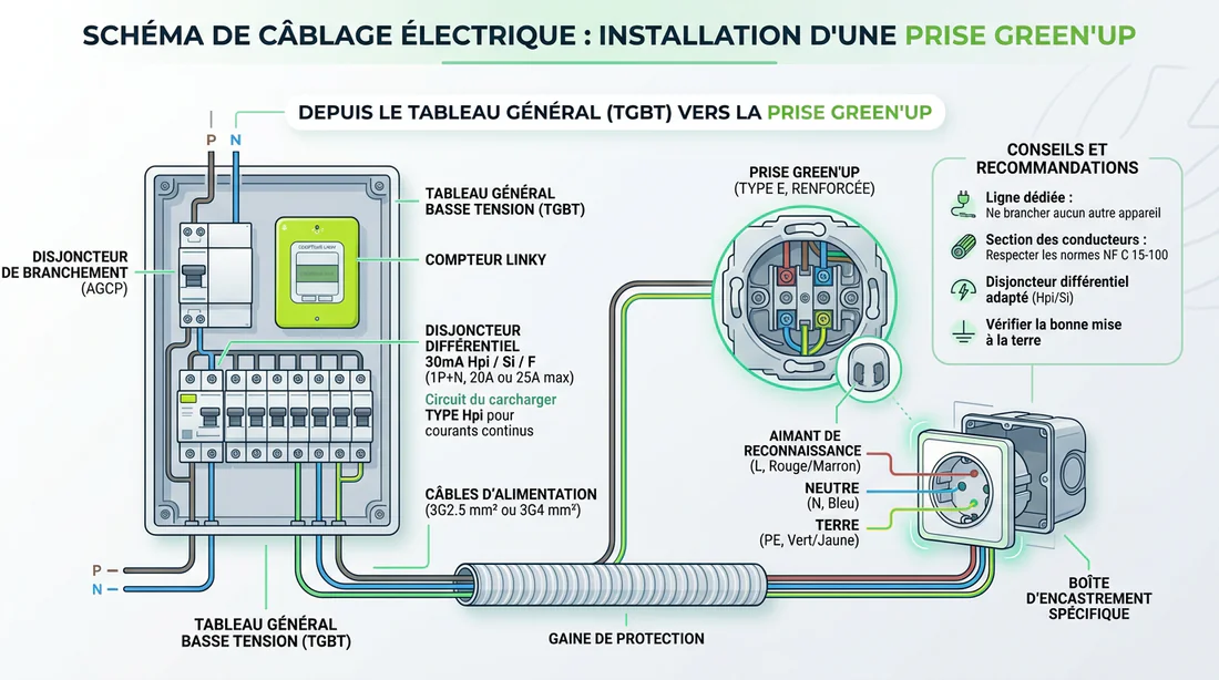 Schéma technique de câblage pour l'installation d'une prise de recharge renforcée.
