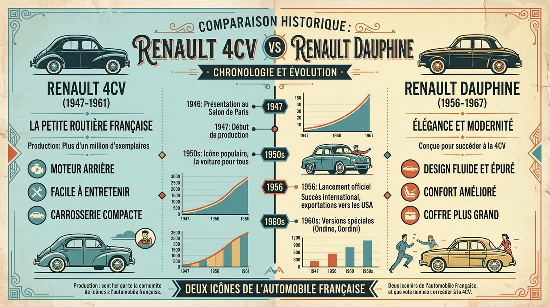 Infographie comparative sur l'évolution de la Renault 4CV à la Dauphine
