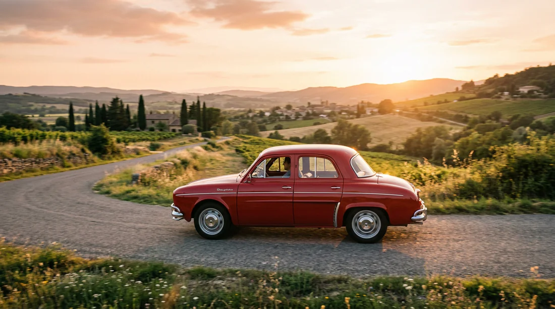 Renault Dauphine rouge roulant sur une route de campagne en France