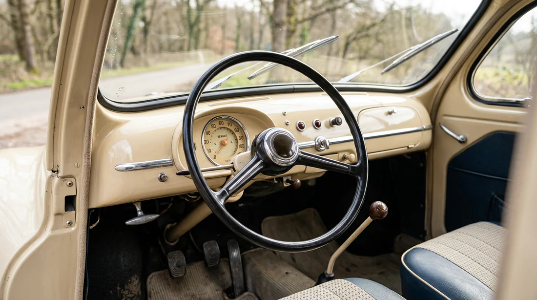 Tableau de bord et intérieur vintage d'une Renault 4CV