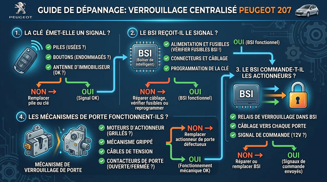 Schéma diagnostic des pannes de centralisation sur Peugeot 207
