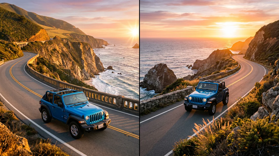 Jeep Wrangler Sport roulant sur une route côtière panoramique