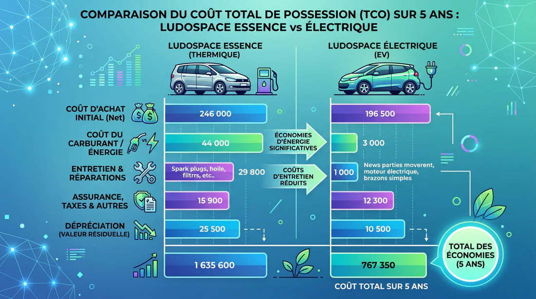 Infographie comparative du coût d'utilisation entre ludospace thermique et électrique