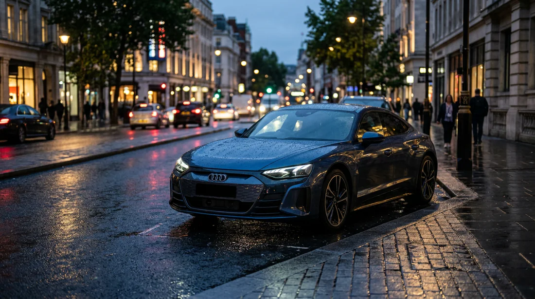 Voiture stationnée en ville au crépuscule avec feux de position allumés