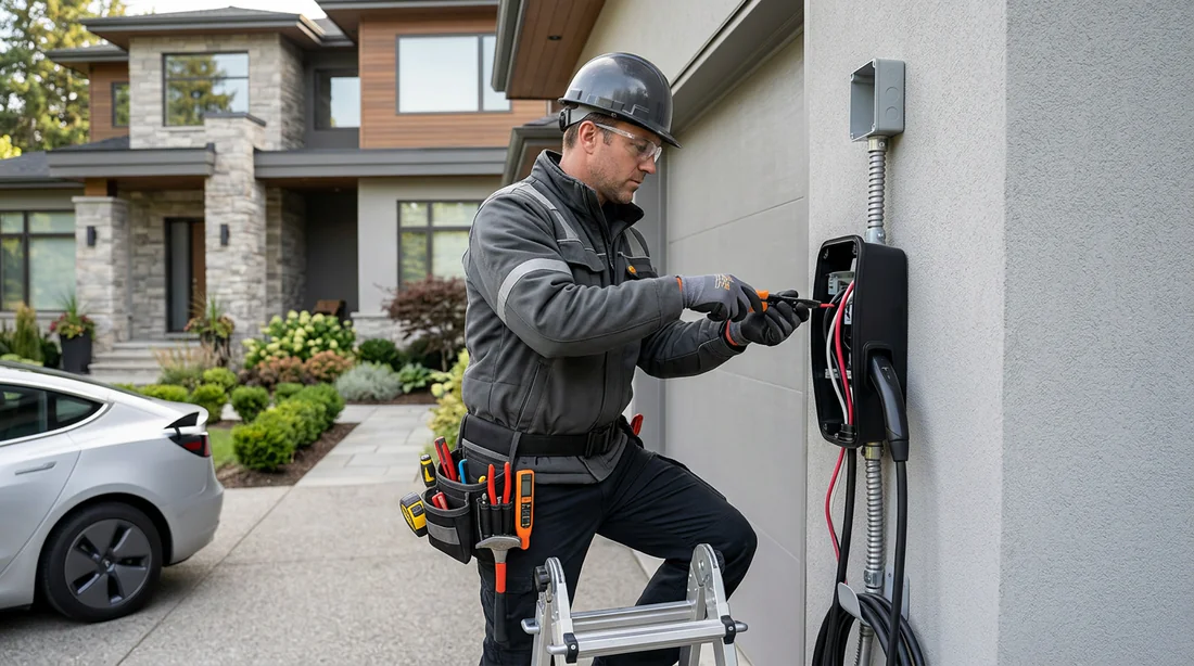 Électricien professionnel installant une borne de recharge pour voiture électrique.