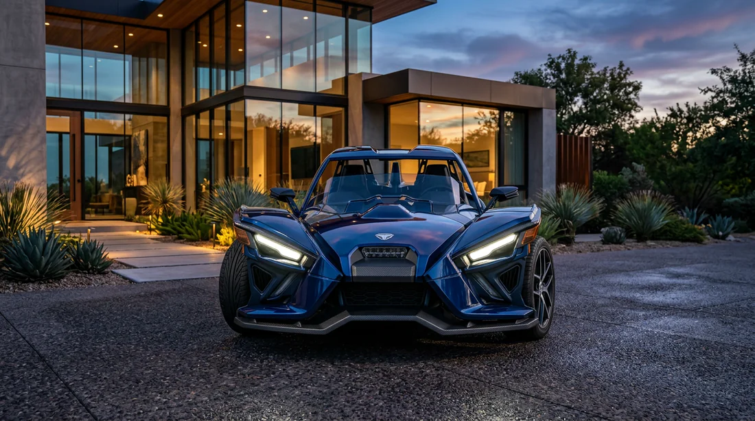 Voiture à trois roues de luxe garée devant une villa contemporaine