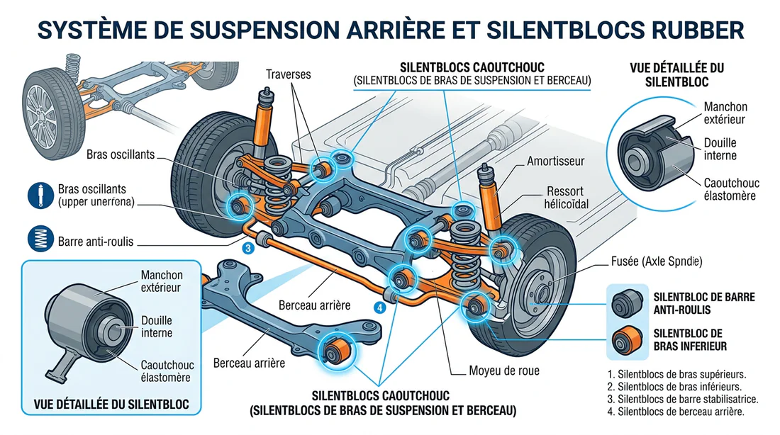 Schéma infographique montrant la structure d'un essieu arrière et le rôle du silentbloc.