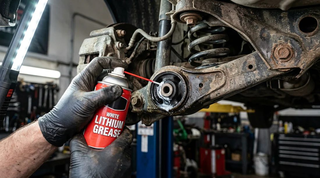 Application de spray de graisse au lithium sur un silentbloc de suspension