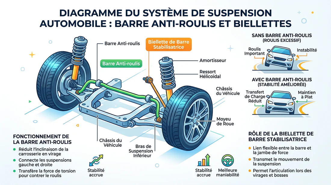 Infographie schématique du rôle de la biellette dans le système de suspension