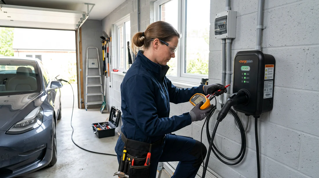 Électricien qualifié installant une borne de recharge domestique sécurisée.