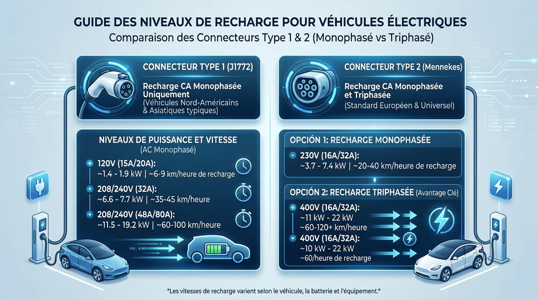 Infographie comparative des puissances et vitesses de charge entre Type 1 et Type 2.