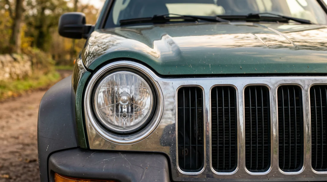 Détail du phare rond et de la calandre du Jeep Cherokee KJ