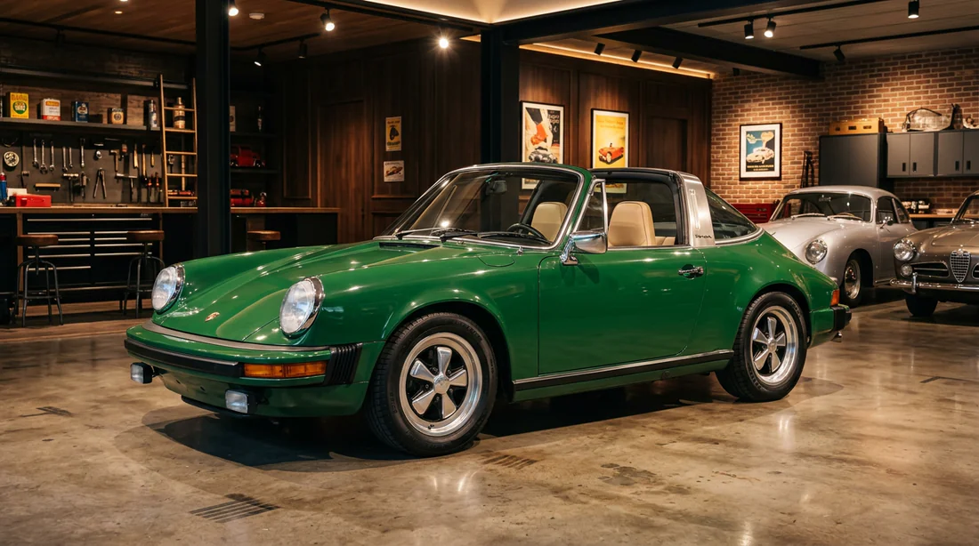Porsche 911 Type G Targa vert irlandais dans un garage de collectionneur