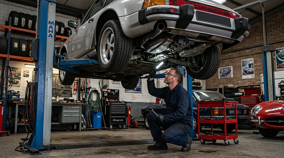Inspection du châssis et des points clés d'une Porsche 911 Type G en atelier