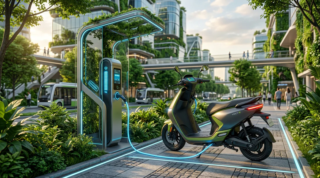 Trottinette électrique moderne branchée à une borne de recharge urbaine
