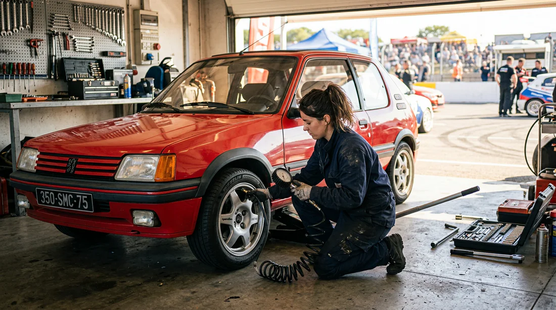 Préparation technique et vérification des pneus d'une Peugeot 205 GTI dans les stands.