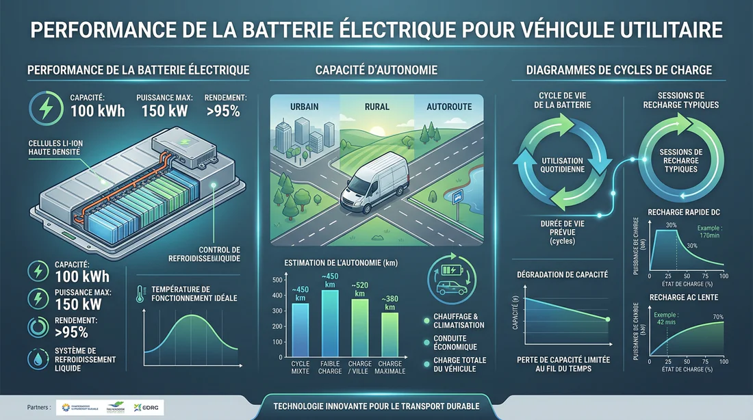 Infographie autonomie et batterie lithium de la golfette utilitaire Melex
